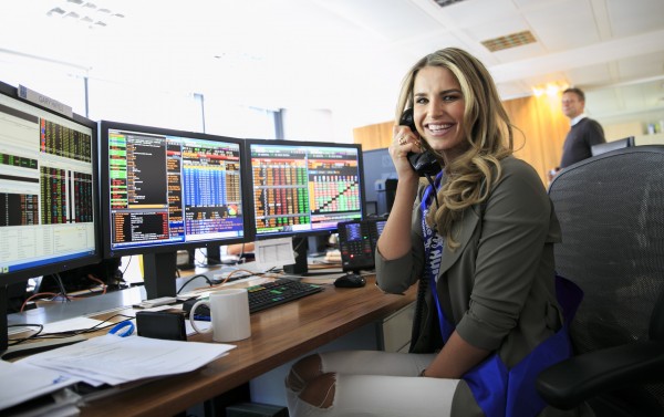 Vogue Williams hitting the phones at the BTIG Charity Day in Bank, London raising thousands of to support Global's Make Some Noise.